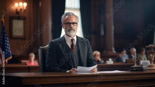 Portrait of a male lawyer at a courtroom podium eloquently presenting his legal case