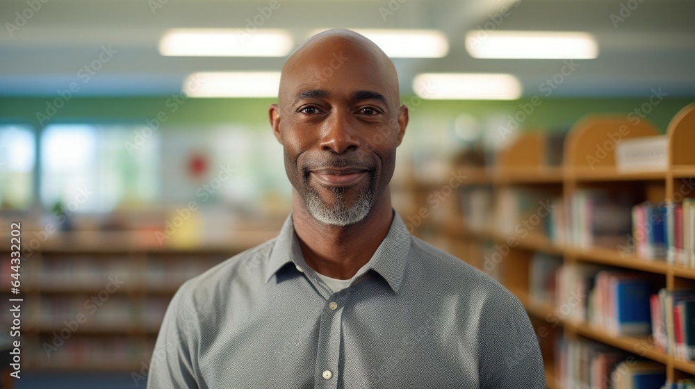 Fototapeta premium Portrait of a male librarian at a community library organizing helves with care