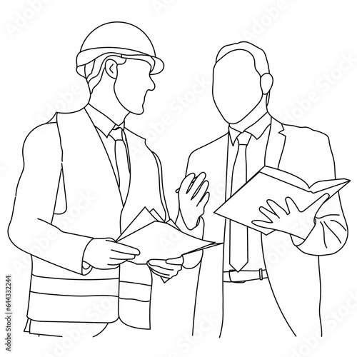 Line art of architect-engineer discusses construction project