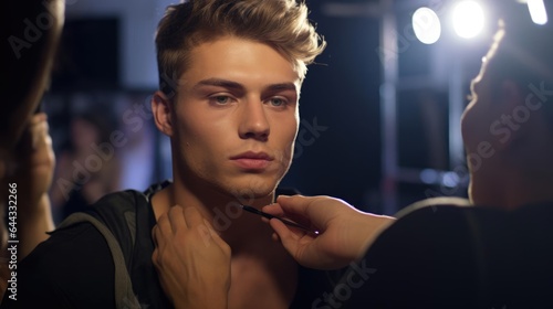 Portrait of a male makeup artist backstage at a fashion show transforming models into living works of art