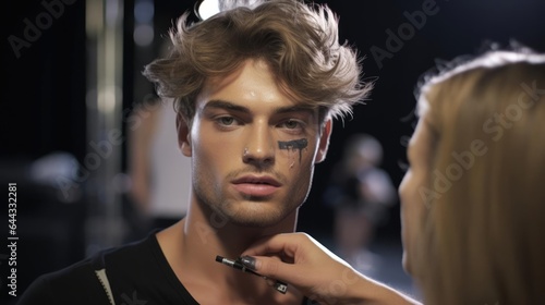 Portrait of a male makeup artist backstage at a fashion show transforming models into living works of art photo
