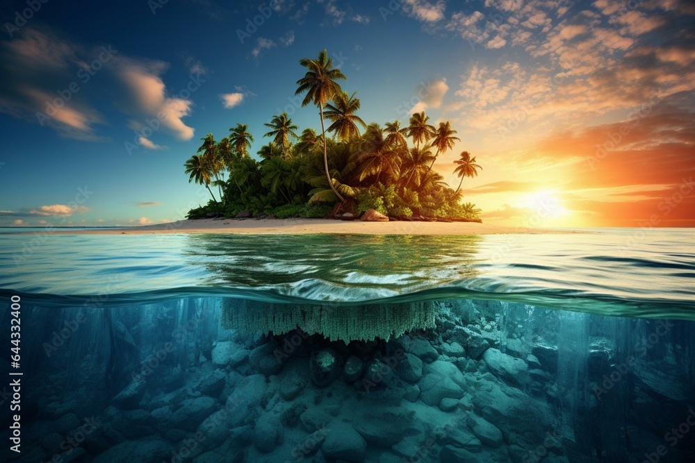 A tropical island amidst vast ocean waters. Generative AI - obrazy, fototapety, plakaty 