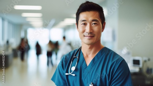 Portrait of a male nurse at a bustling hospital providing compassionate care and comfort to patients