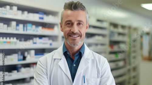 Portrait of a male pharmacist in a bustling pharmacy expertly dispensing medications