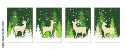 set of christmas cards with deers in snowfall forest landscape, collection of printable holiday greeting card templates, tags, social media stories	