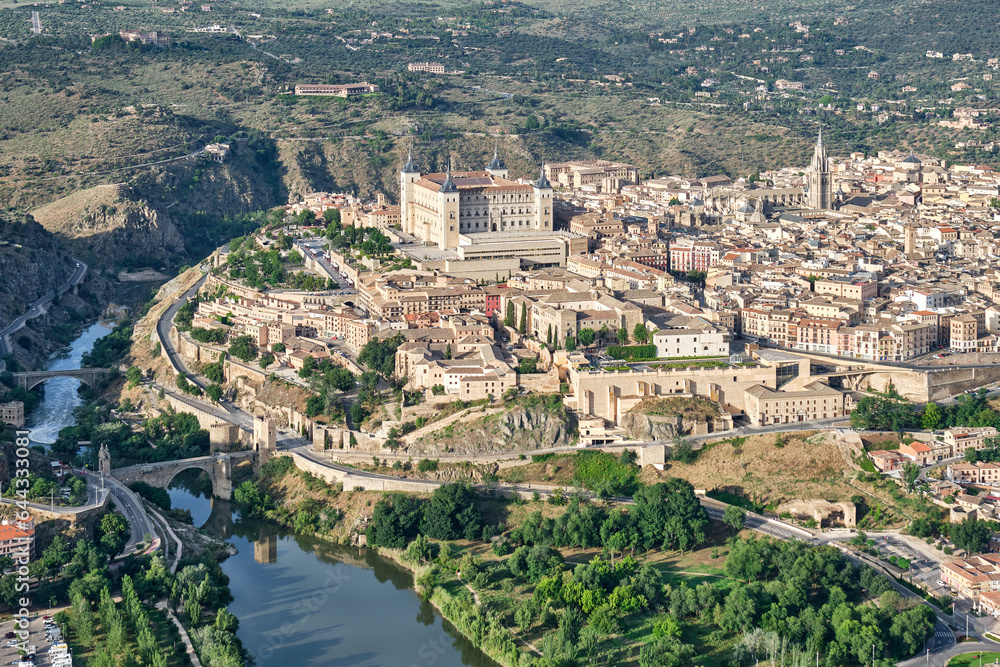 Aerial image taken from a hot air balloon of the eastern part of the old town of the city of Toledo from the north face