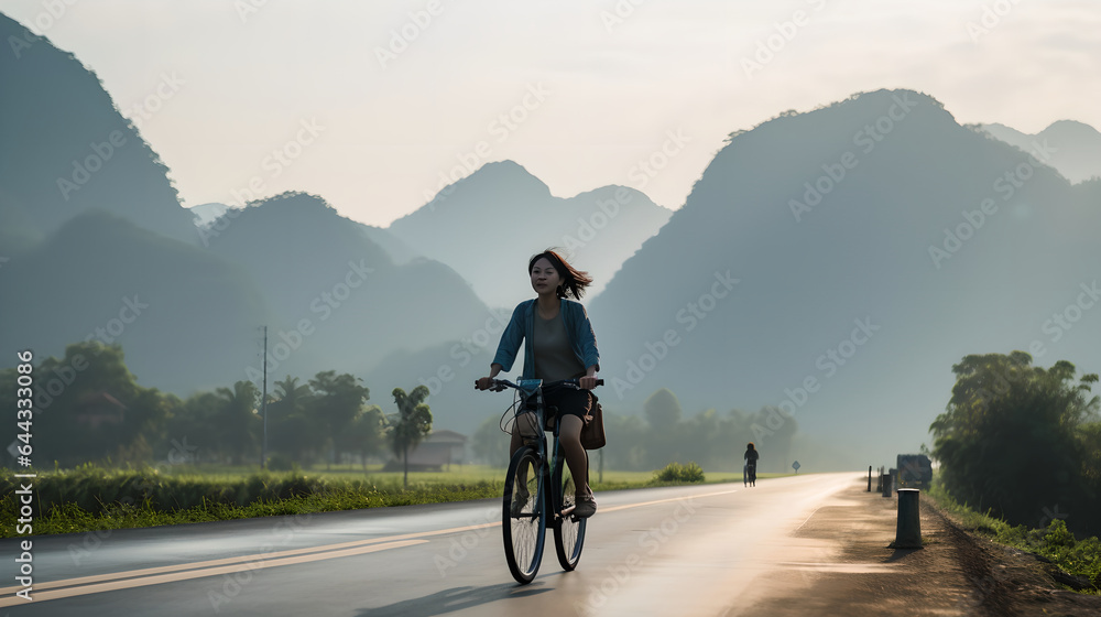 Young woman riding bike on mountain road, pretty smile asian woman riding bike on mountain road with beautiful landscape