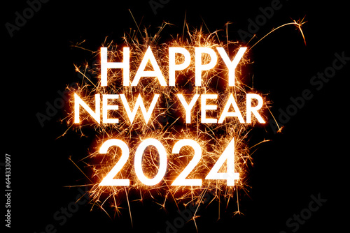 Happy New Year 2024 greeting in sparkler effect on black background