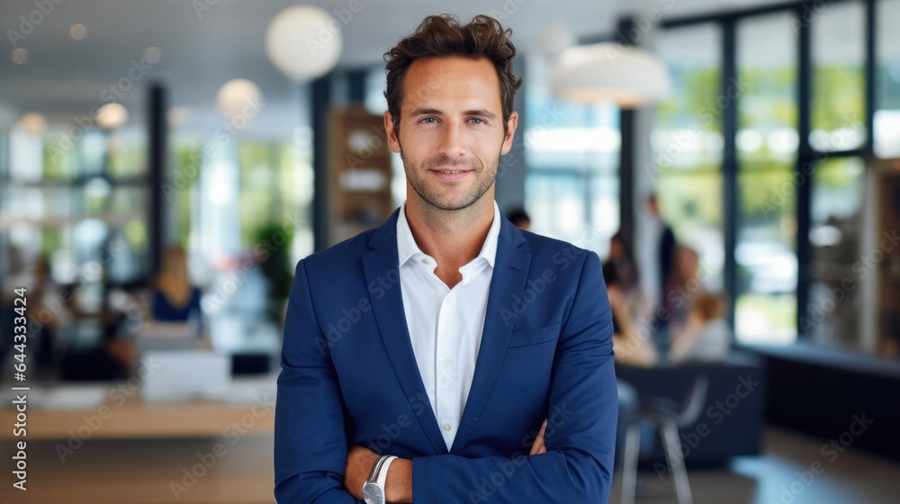Fototapeta premium Portrait of a male real estate agent at a bustling real estate agency tirelessly matching clients with their dream homes