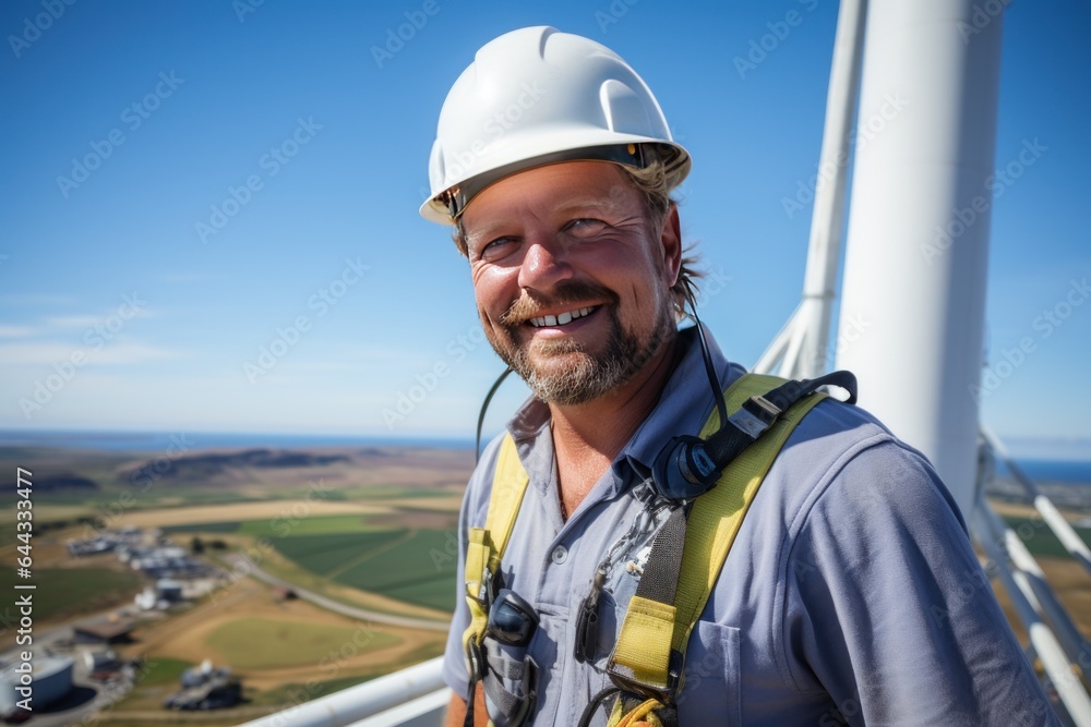 An engineer standing a wind turbine is background An engineer standing a wind turbine is background