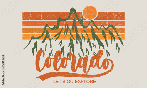 Colorado Mountain illustration, outdoor adventure . Editable vector print graphic for t shirt and other uses.