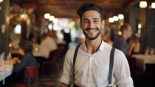 Portrait of a male resaurant server in a bustling restaurant taking orders with a warm smile