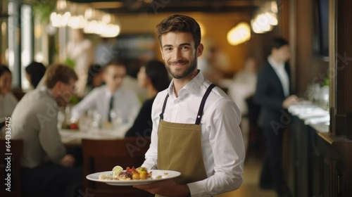 Portrait of a male resaurant server in a bustling restaurant taking orders with a warm smile photo