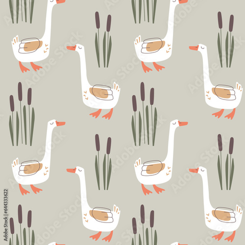 Vector seamless pattern with cartoon sleeping goose and reeds. Kids wallpaper with cute domestic birds. Texture for textile or wrapping paper.