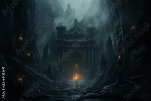 Fotografia Misty mountain cave with foreboding gate, leading to treacherous labyrinth engulfed in darkness, illuminated by torches