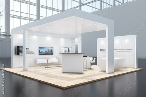 A 3D design of an empty trade show booth in a white office setting. Generative AI photo