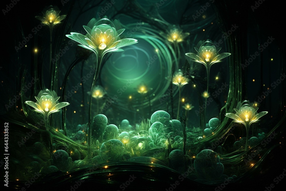 Enchanting nocturnal growth, emanating vibrant green radiance from seeds. Created with tech. Generative AI