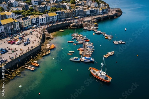 Aerial view of Brixham harbor in Devon, England, with the drone. Spectacular scenery. Generative AI