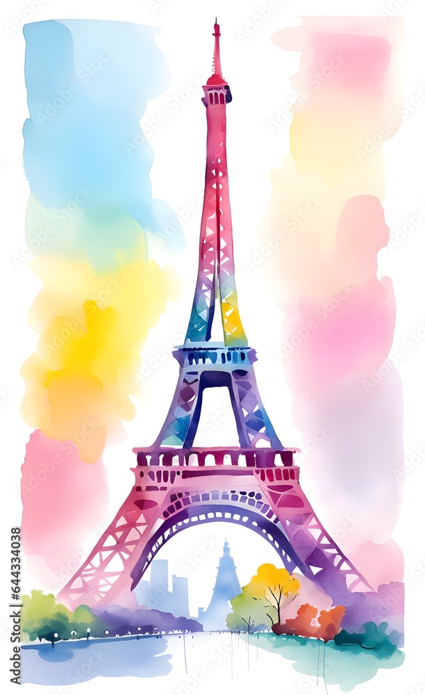 Paris eiffel tower watercolor illustration.