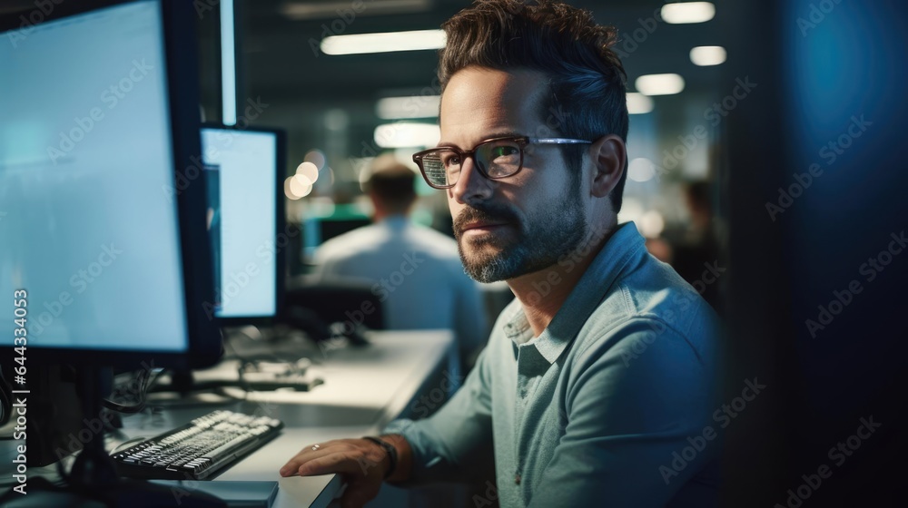 Portrait of a male software developer at a bustling tech company coding lines of elegant software Portrait of a male software developer at a bustling tech company coding lines of elegant software
