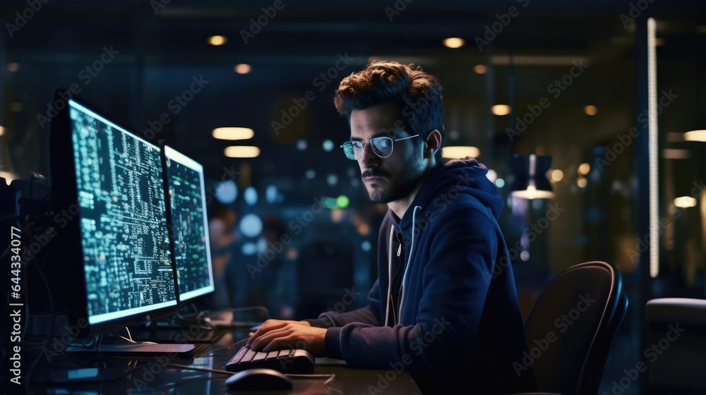 Portrait of a male software developer at a bustling tech company coding lines of elegant software Portrait of a male software developer at a bustling tech company coding lines of elegant software
