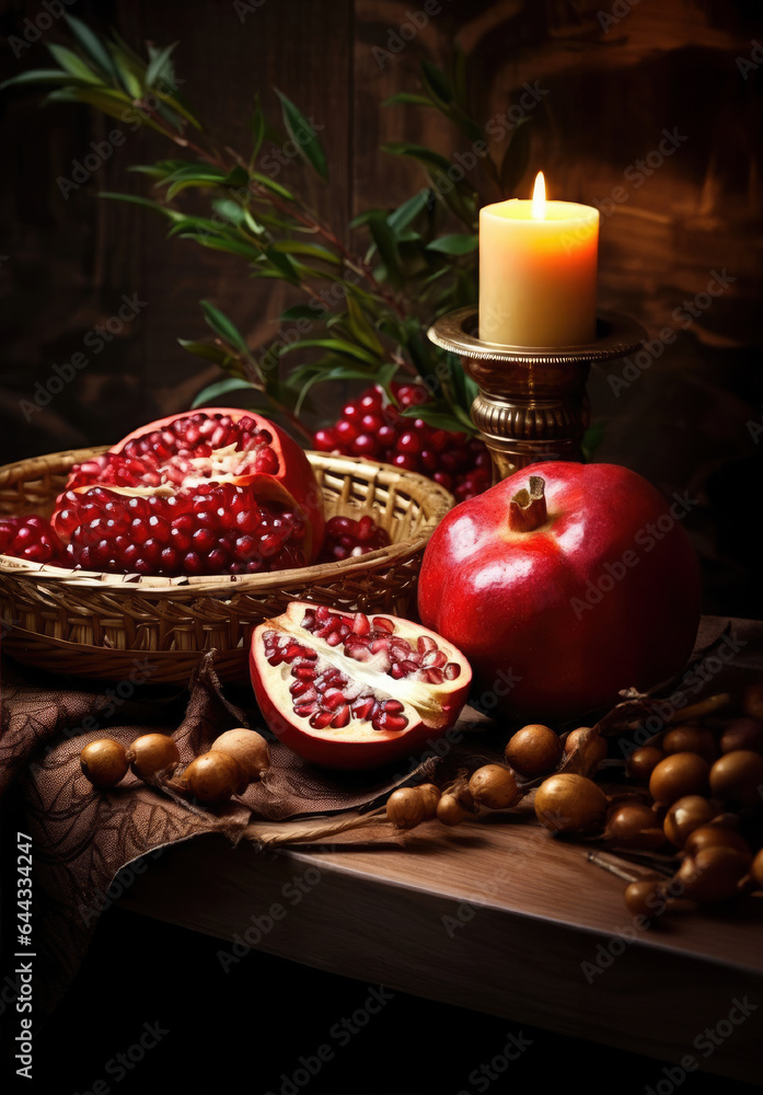 Rosh hashanah - the concept of the Jewish holiday of the New Year. Bowl of apple with honey, pomegranate and candles are traditional symbols of the holiday
