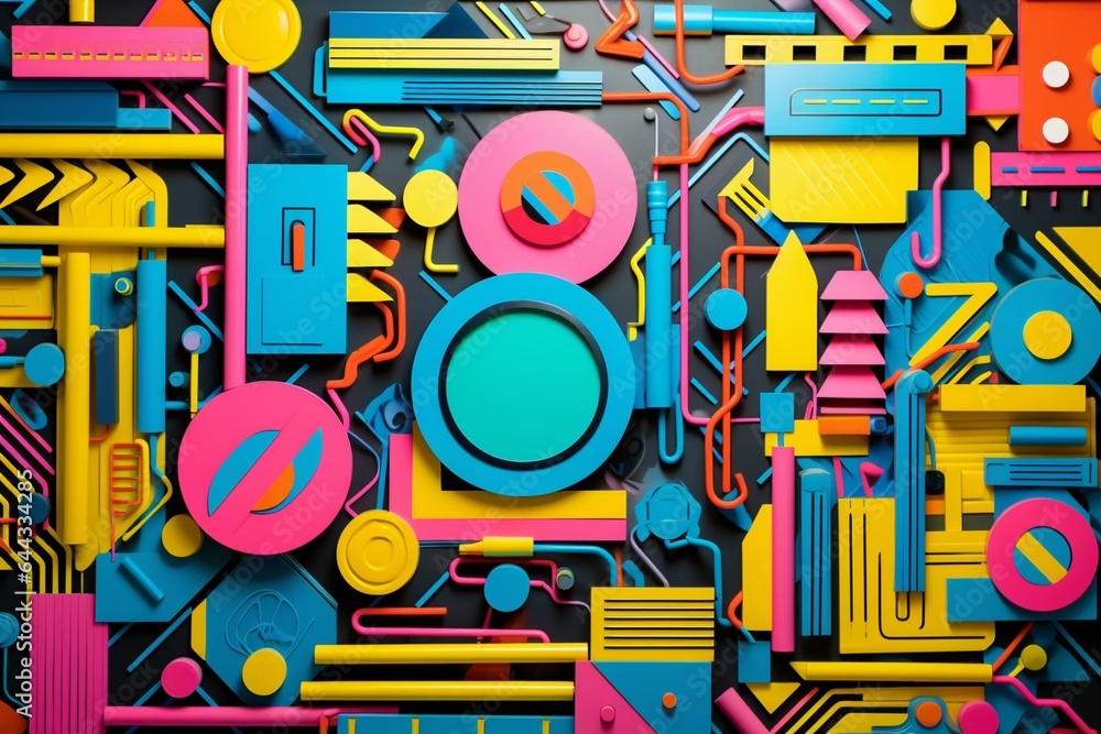 Retro-inspired paper collage backdrop featuring a vibrant 80s or 90s pattern. Generative AI