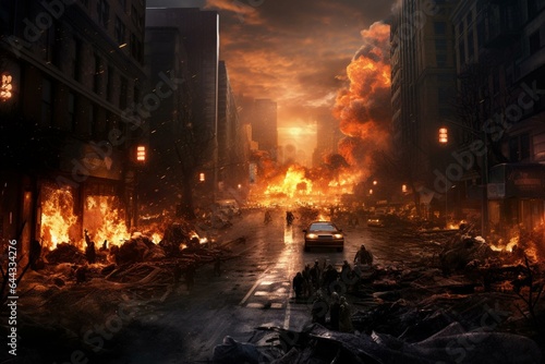 An epic movie poster depicting a post-apocalyptic street engulfed in flames and distant explosions during the evening. Generative AI