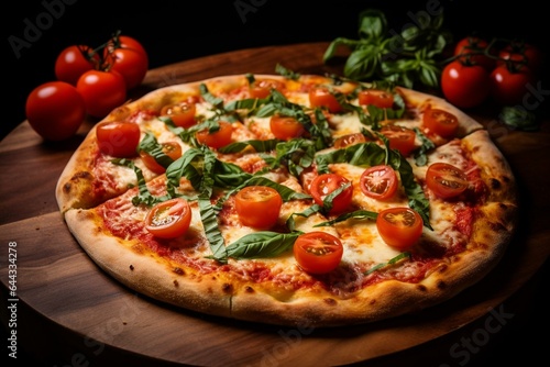 Pizza topped with tomato and basil. Generative AI