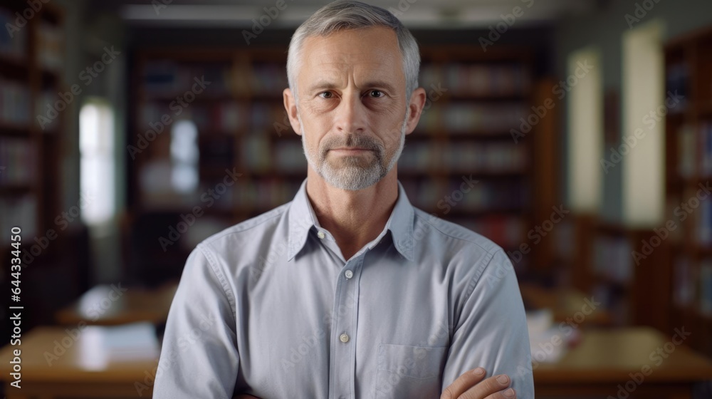 Portrait of a male teachis in a quiet library meticulously planning lessons Portrait of a male teachis in a quiet library meticulously planning lessons