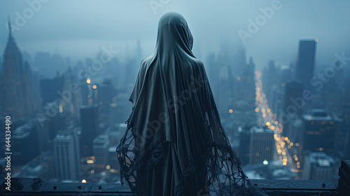Mysterious woman with white veil standing on the top of building and looking at below city. Halloween and scary concept.