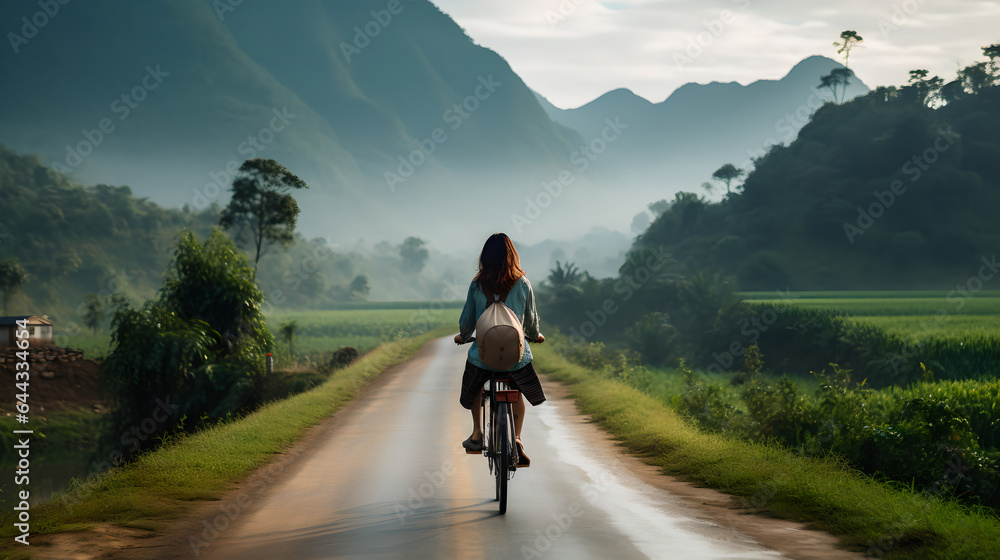 Back view of young woman riding bike on mountain road, pretty smile asian woman riding bike on mountain road with beautiful landscape