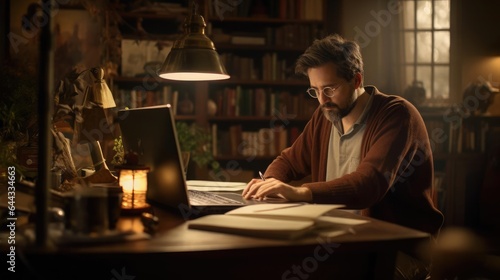 Portrait of a male writer in his cozy study weaving captivating stories with his words