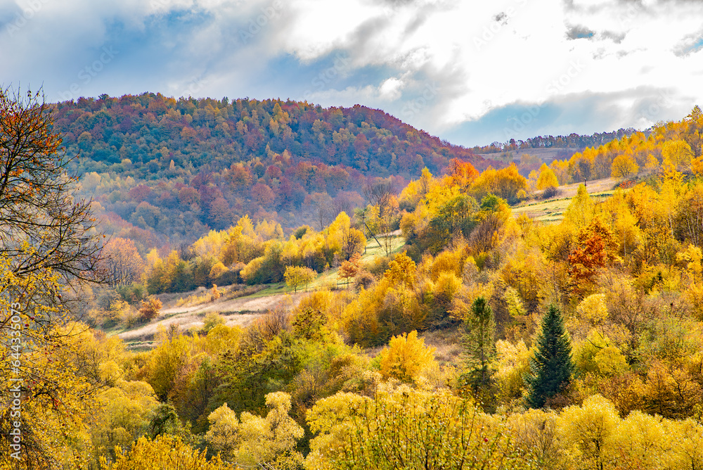 autumn background. mountain landscape with elevator in autumn season.