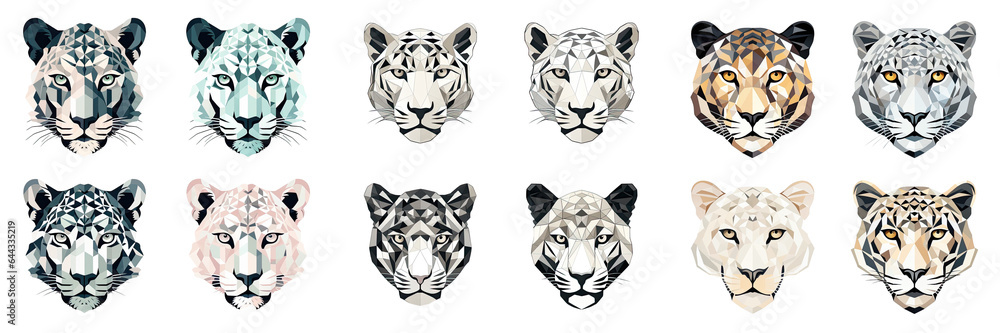 Fototapeta premium Collection of geometric black and white jaguar head illustrations transparent background