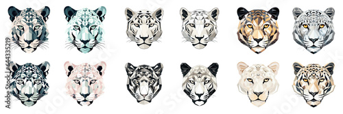Collection of geometric black and white jaguar head illustrations transparent background