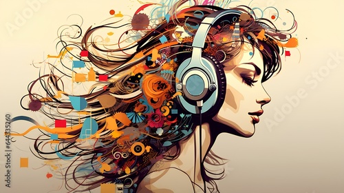 A beautiful and creative illustration of a woman wearing headphones, a musical concept.