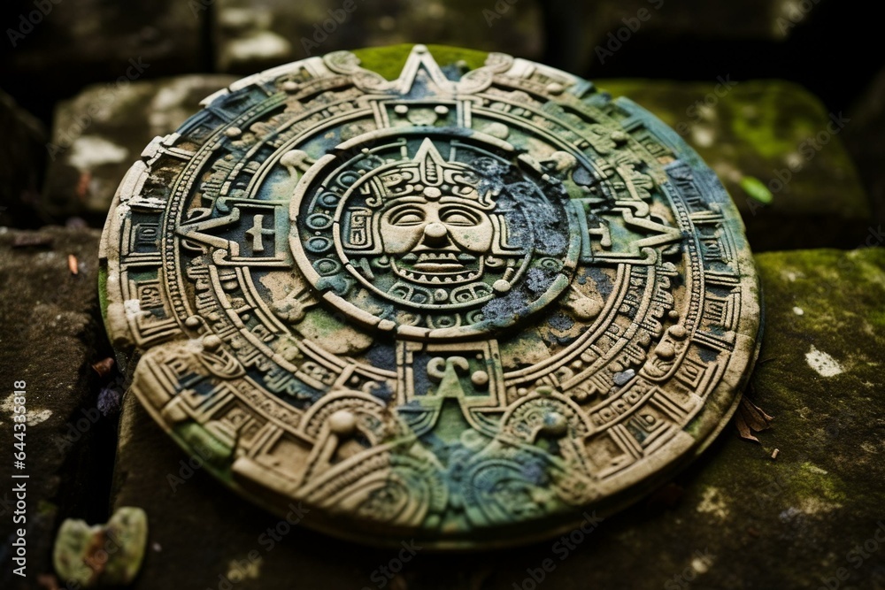 Close-up of Aztec-Mayan calendar on stone. Generative AI