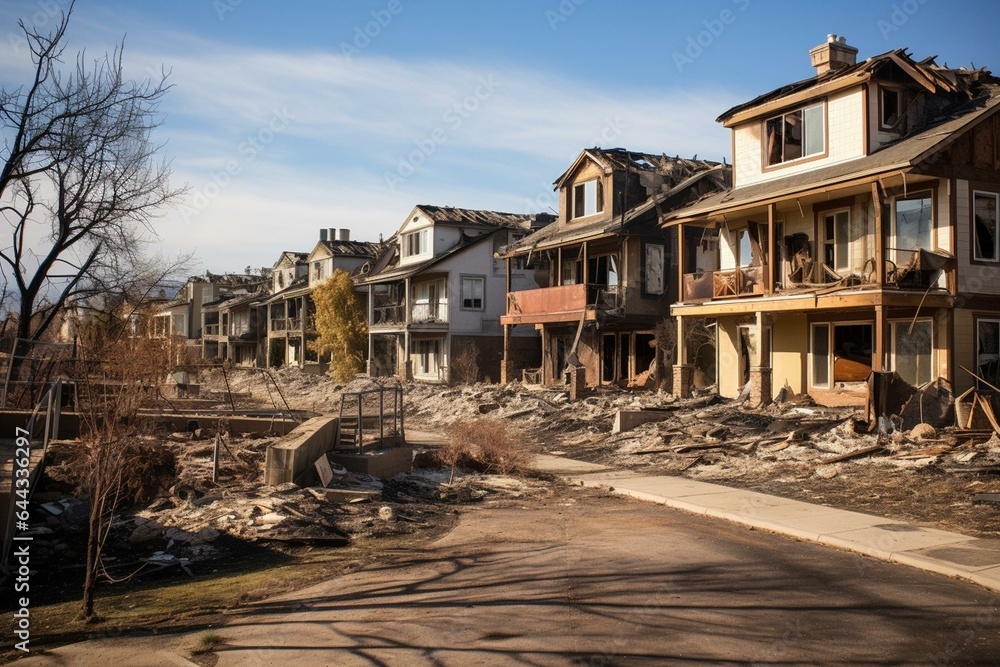 Damaged houses from a wildfire in Louisville, CO. Generative AI