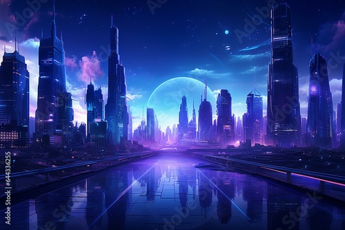 Nighttime cyberpunk cityscape with futuristic skyscrapers bathed in cyan and purple neon lights. Generative AI