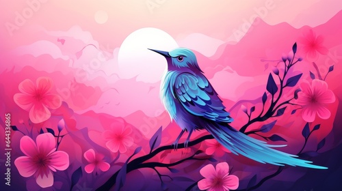 Colorful vector illustation of bird on pink and blue gradient background with mountains, moon, flower. For poster, banner, greeting card © Zahid