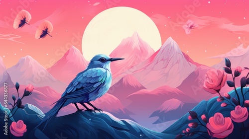 Colorful vector illustation of bird on pink and blue gradient background with mountains, moon, flower. For poster, banner, greeting card © Zahid