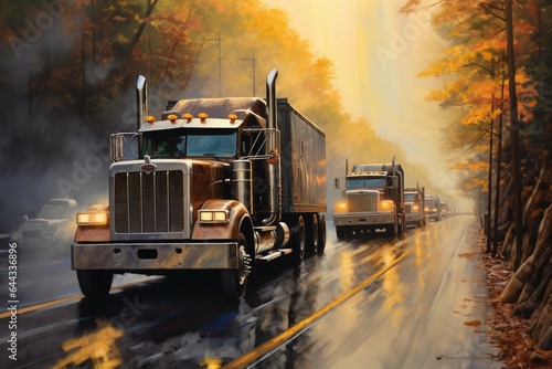 A line of trucks speed down a Tennessee highway, heat creates a shimmer on trees and vehicles. Generative AI
