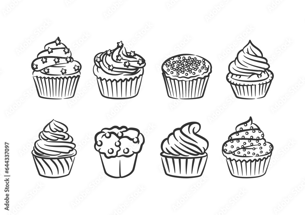 Cupcake line art hand drawn style collection doodle drawing black and white Cupcake line art hand drawn style collection doodle drawing black and white
