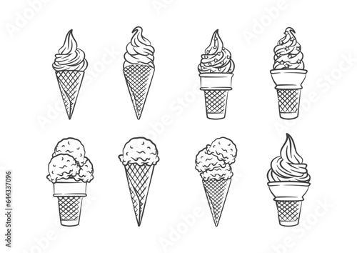 Ice cream cone collection line art sketch illustration