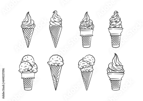 Ice cream cone collection line art sketch illustration