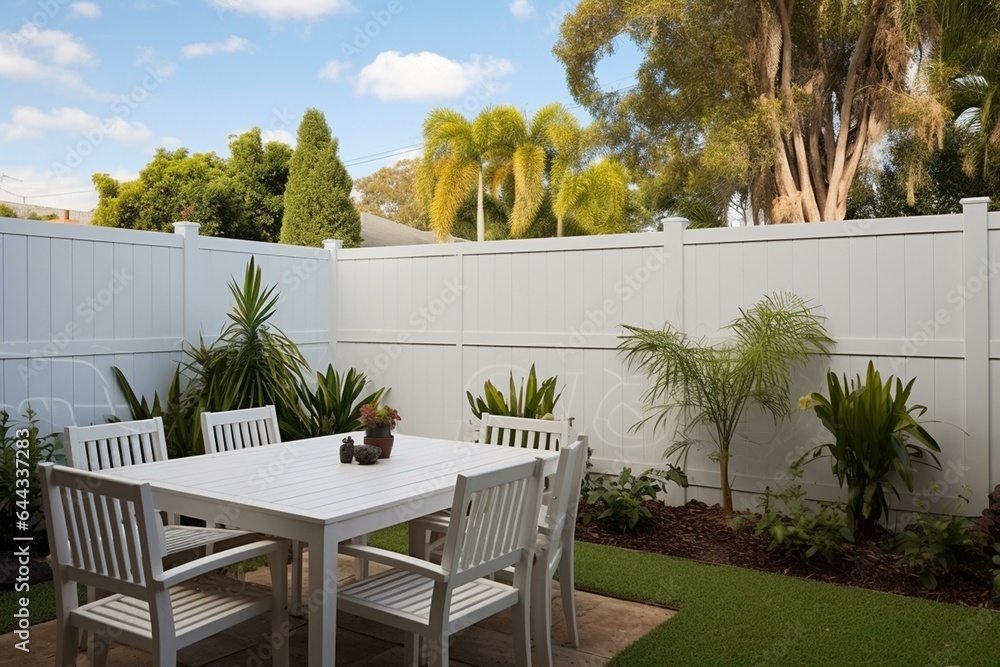 Ensure backyard privacy with a white plastic fence. Generative AI