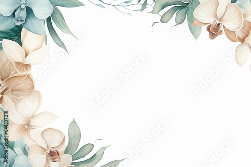 Watercolor frame with beige and teal green tropical leaves and orchid flowers. Generative AI