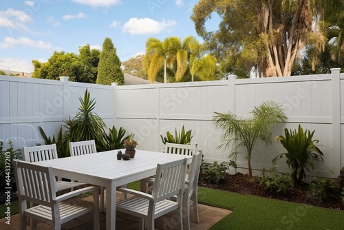Ensure backyard privacy with a white plastic fence. Generative AI