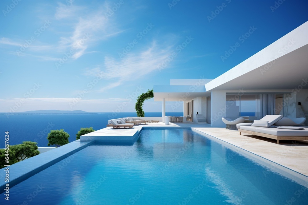 Minimalist villa with pool and ocean view. Enhanced artwork. Generative AI